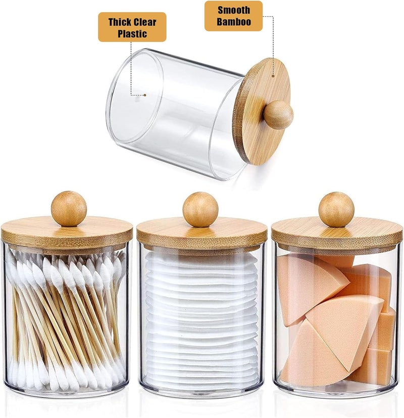 DIYOHFE 3PCS Acrylic Qtip Dispensers Holders With Wood lid, Clear Bathroom Round Countertop Storage Organizer Canister for Cotton Balls,Swabs,Pads,Bath Salts ,Makeup Sponges,Tooth Floss - Image 4